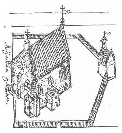 Кафедральный собор с колокольней в 1642 году Кафедральный собор с колокольней в 1642 году